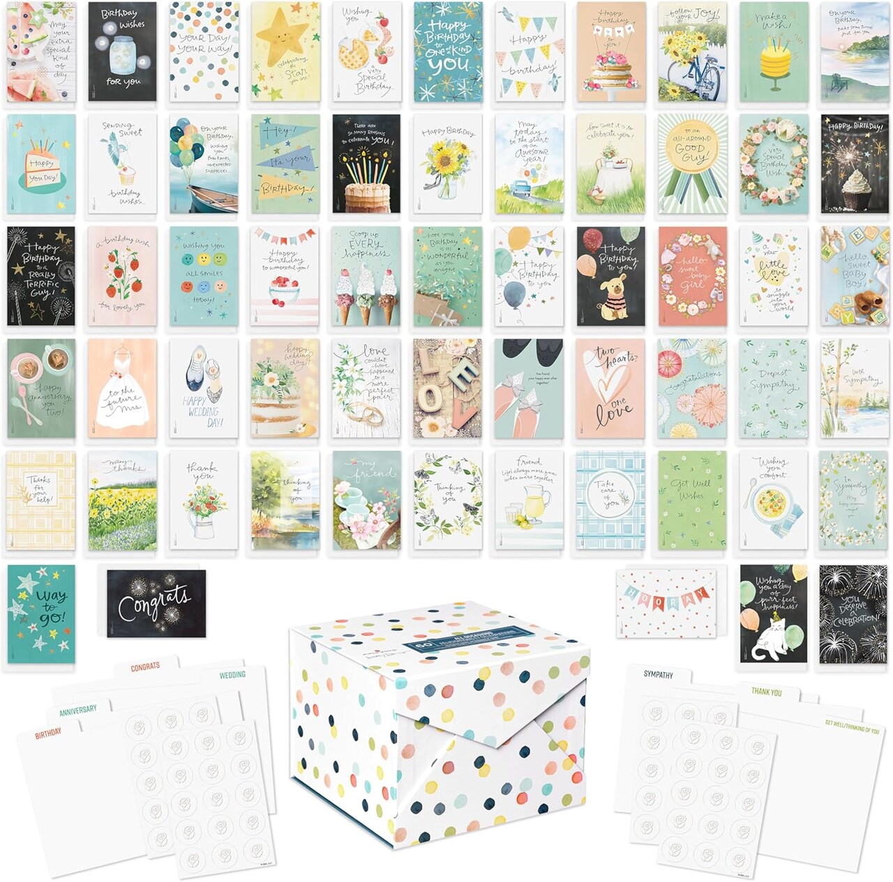 60-Count All Occasion Greeting Card Assortment with Storage Box, Dividers, Envelopes and Seals